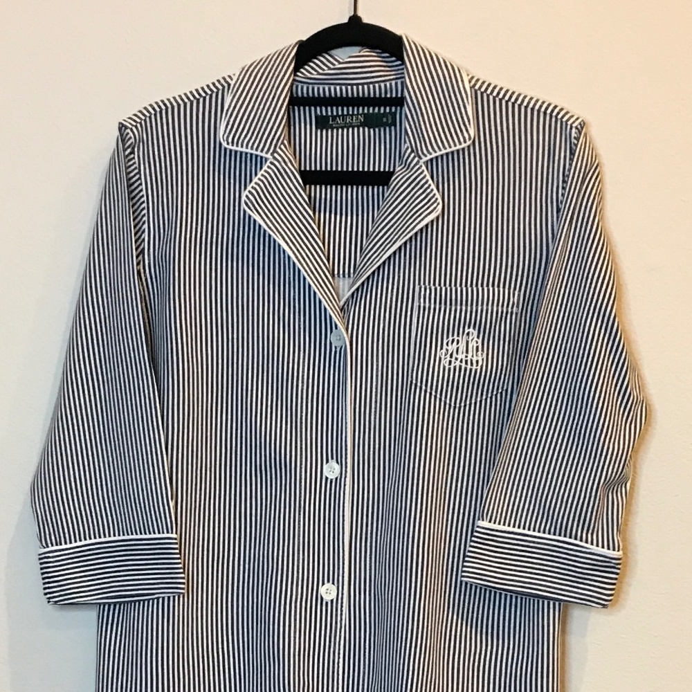 Lauren Ralph Lauren Black and White Stripped Button-down Night Shirt/Gown